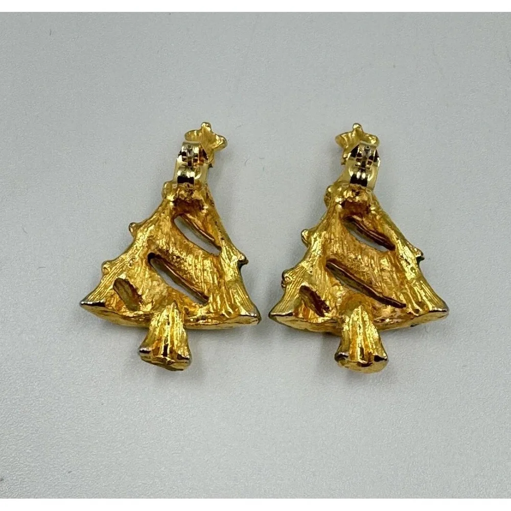 Vintage Gold Tone Green Christmas Tree Post Earrings Red Clear Rhinestones - Picture 7 of 7
